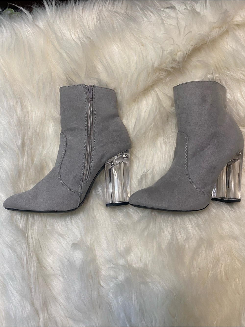 Charlotte Russe Gray Suede Ankle Boots with Clear Block Heels